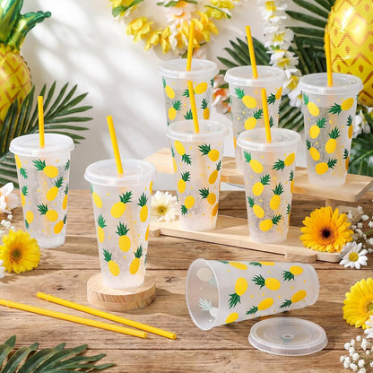 12 Pcs Lemon Plastic Cups for Summer Hawaii Party Supplies 24 oz Reusable Clear Glitter Fruit Cup with Lids and Straws Fresh Drinking Juice Cup for Lemon Party Supplies Decor Wedding Holiday
