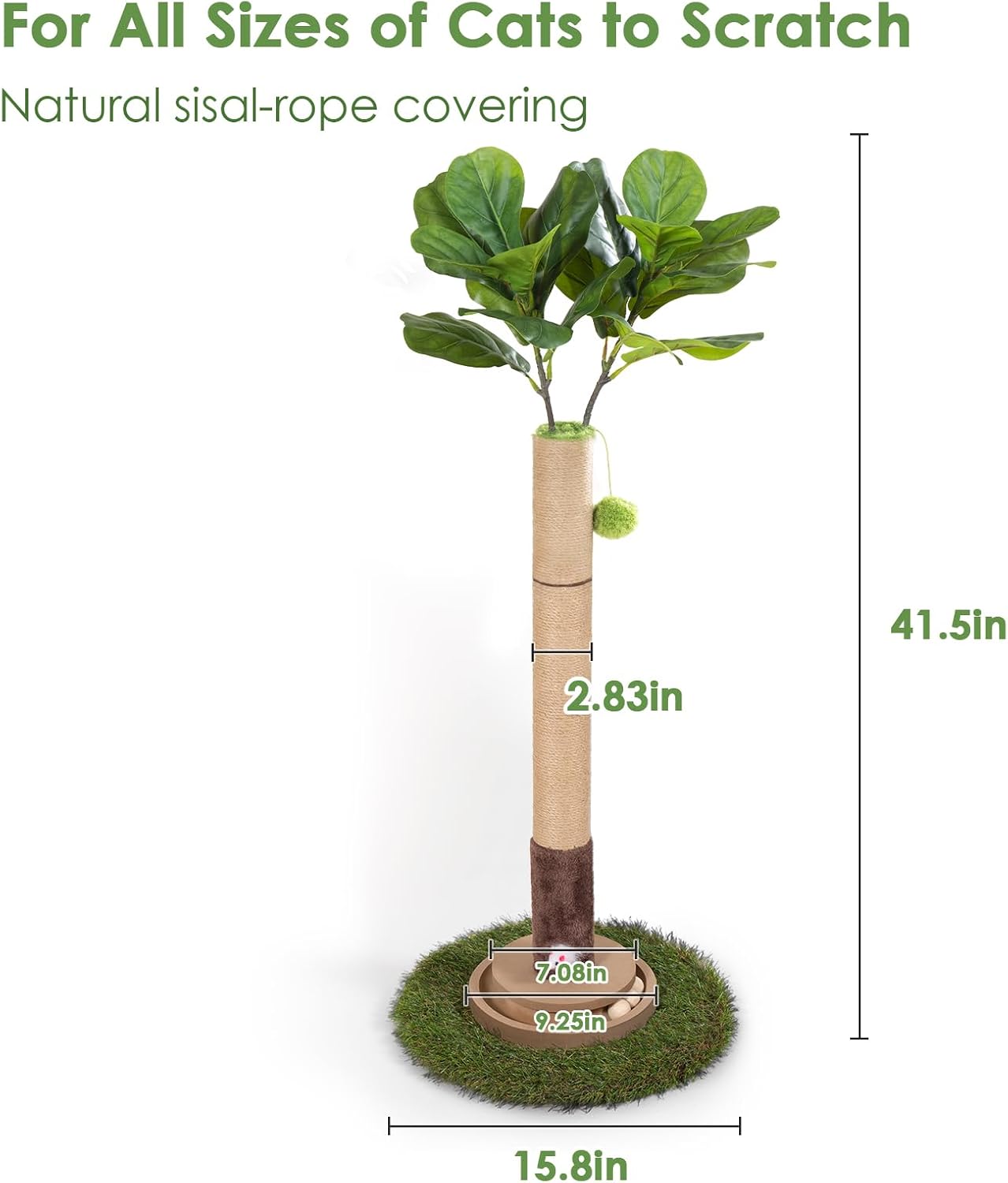 Cat Scratching Post, 35 Inch Tall Cat Scratcher Cat Tree Tower with Hanging Ball for Indoor Cats Adults,Fiddle Leaf Sisal Rope Kitten Scratch with Interactive Mouse Cat Toy