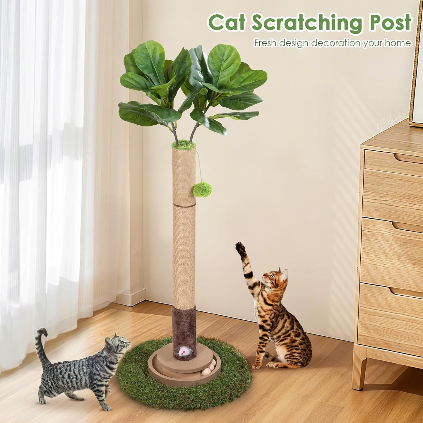 Cat Scratching Post, 35 Inch Tall Cat Scratcher Cat Tree Tower with Hanging Ball for Indoor Cats Adults,Fiddle Leaf Sisal Rope Kitten Scratch with Interactive Mouse Cat Toy