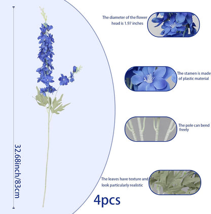 4Pcs Blue Delphinium Artificial Flowers 33.5" Silk Flowers Bulk Larkspur Artificial Flower Long Stem Fake Delphinium Plant Flower for Tall Vase Floral Arrangement Centerpiece Bouquet Home Decor