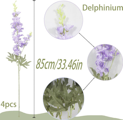 4Pcs Blue Delphinium Artificial Flowers 33.5" Silk Flowers Bulk Larkspur Artificial Flower Long Stem Fake Delphinium Plant Flower for Tall Vase Floral Arrangement Centerpiece Bouquet Home Decor