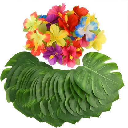 60 Pcs Wrinkle Prevention Flowers and Tropical Leaves for Tropical Party Decorations Supplies, Artificial Hibiscus Flowers Tropical Palm Leaves for Hawaiian Safari BBQ Luau Party Decorations