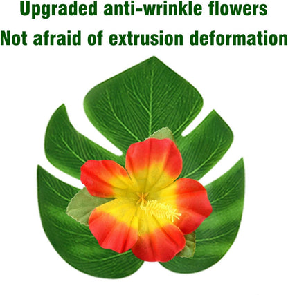 60 Pcs Wrinkle Prevention Flowers and Tropical Leaves for Tropical Party Decorations Supplies, Artificial Hibiscus Flowers Tropical Palm Leaves for Hawaiian Safari BBQ Luau Party Decorations