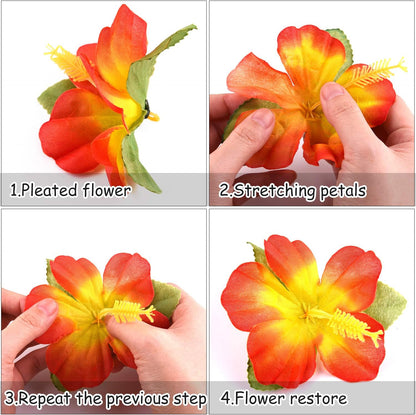 60 Pcs Wrinkle Prevention Flowers and Tropical Leaves for Tropical Party Decorations Supplies, Artificial Hibiscus Flowers Tropical Palm Leaves for Hawaiian Safari BBQ Luau Party Decorations
