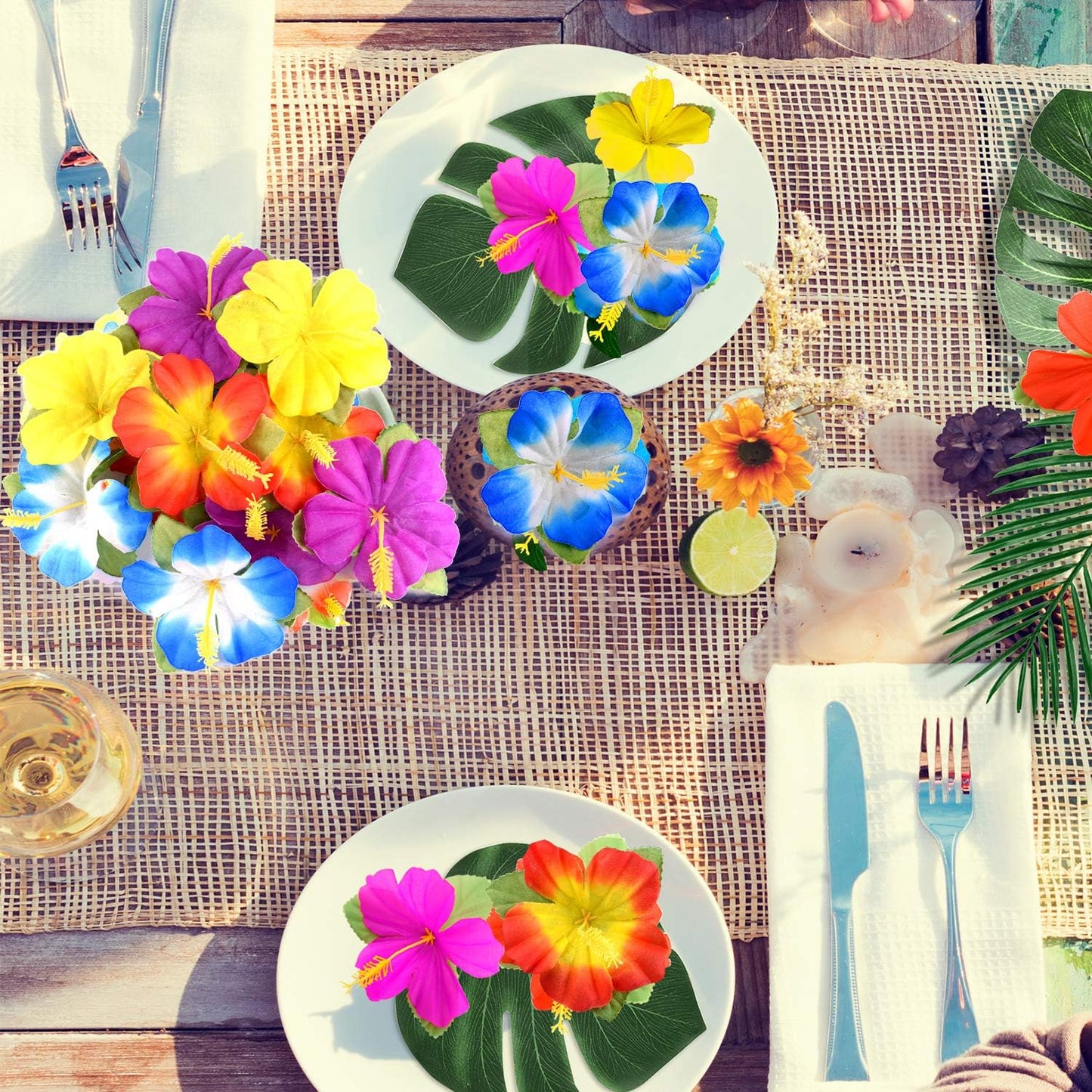 60 Pcs Wrinkle Prevention Flowers and Tropical Leaves for Tropical Party Decorations Supplies, Artificial Hibiscus Flowers Tropical Palm Leaves for Hawaiian Safari BBQ Luau Party Decorations