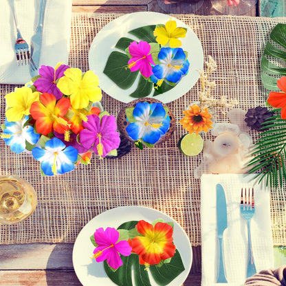60 Pcs Wrinkle Prevention Flowers and Tropical Leaves for Tropical Party Decorations Supplies, Artificial Hibiscus Flowers Tropical Palm Leaves for Hawaiian Safari BBQ Luau Party Decorations
