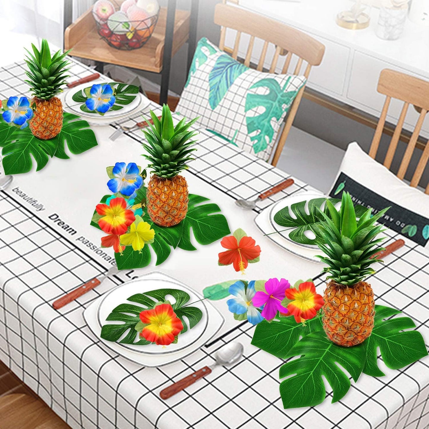 60 Pcs Wrinkle Prevention Flowers and Tropical Leaves for Tropical Party Decorations Supplies, Artificial Hibiscus Flowers Tropical Palm Leaves for Hawaiian Safari BBQ Luau Party Decorations