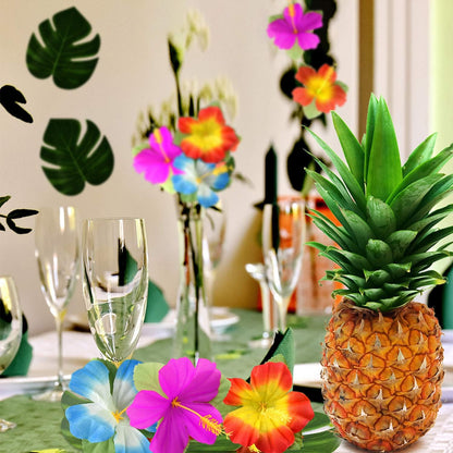 60 Pcs Wrinkle Prevention Flowers and Tropical Leaves for Tropical Party Decorations Supplies, Artificial Hibiscus Flowers Tropical Palm Leaves for Hawaiian Safari BBQ Luau Party Decorations
