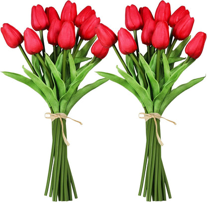 20 Pcs Artificial Red Tulip Flowers Faux Tulip Stems PU Real Touch Tulips 13.7" Tall for Spring Easter Vase Wedding Bouquets Floral Arrangements Wreath Table Centerpiece Indoor Outdoor Decoration