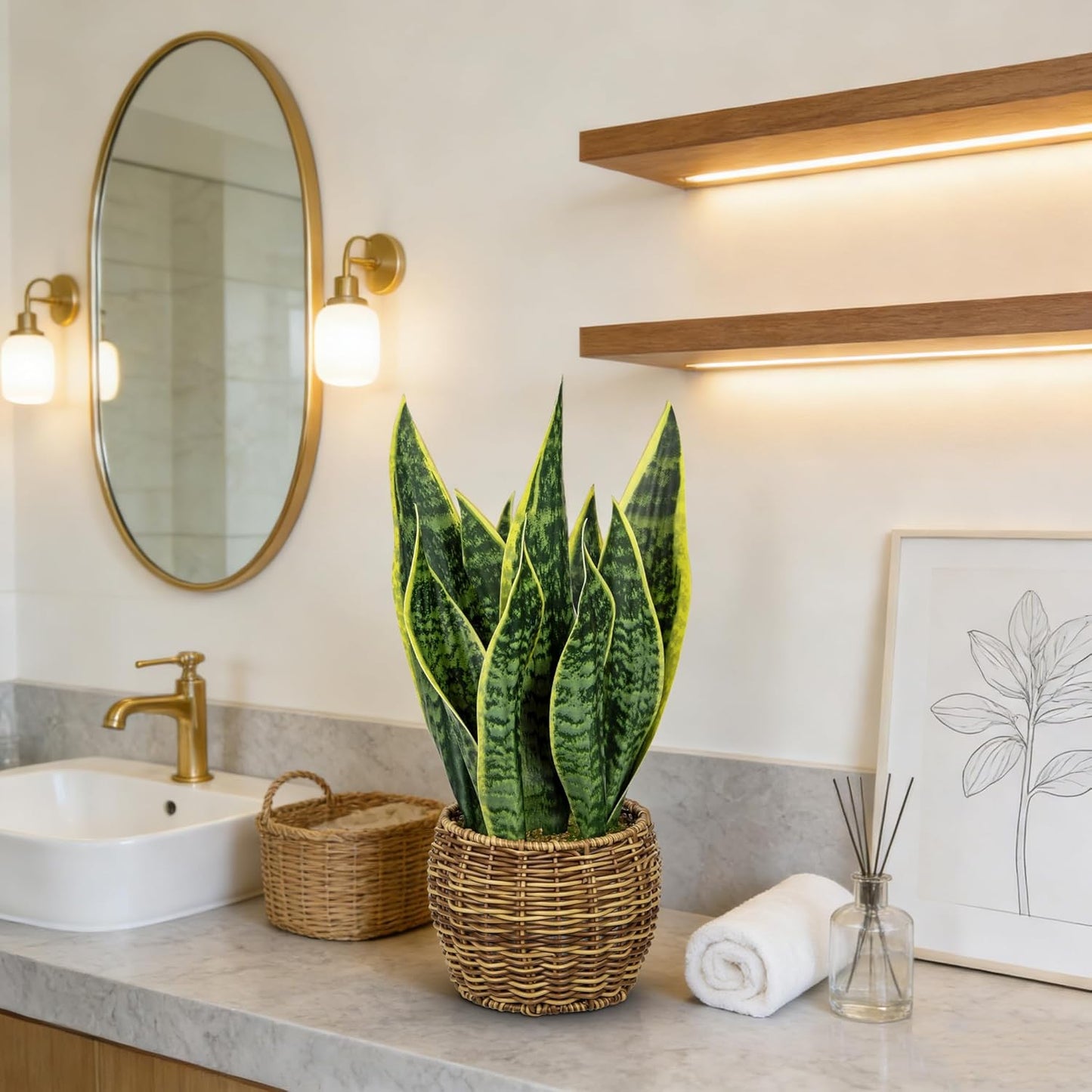 Artificial Snake Plant in Woven Basket 17" Faux Sansevieria Trifasciata Plants Large Fake Snake Plants Potted for Home Office Room Farmhouse Indoor Decor Housewarming Gifts