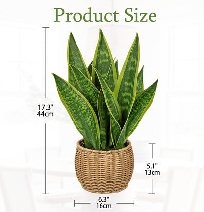 Artificial Snake Plant in Woven Basket 17" Faux Sansevieria Trifasciata Plants Large Fake Snake Plants Potted for Home Office Room Farmhouse Indoor Decor Housewarming Gifts