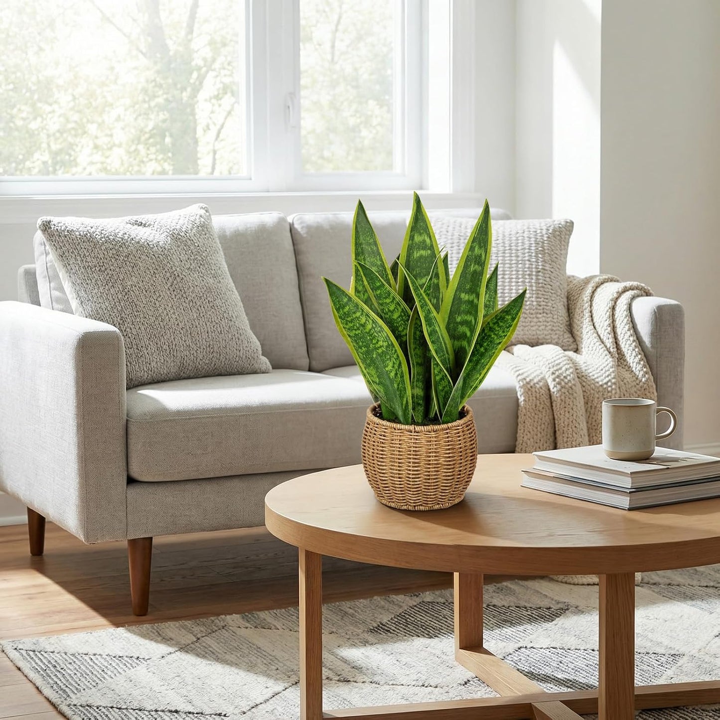 Artificial Snake Plant in Woven Basket 17" Faux Sansevieria Trifasciata Plants Large Fake Snake Plants Potted for Home Office Room Farmhouse Indoor Decor Housewarming Gifts