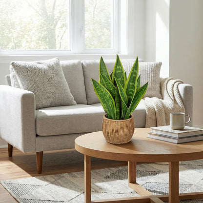 Artificial Snake Plant in Woven Basket 17" Faux Sansevieria Trifasciata Plants Large Fake Snake Plants Potted for Home Office Room Farmhouse Indoor Decor Housewarming Gifts