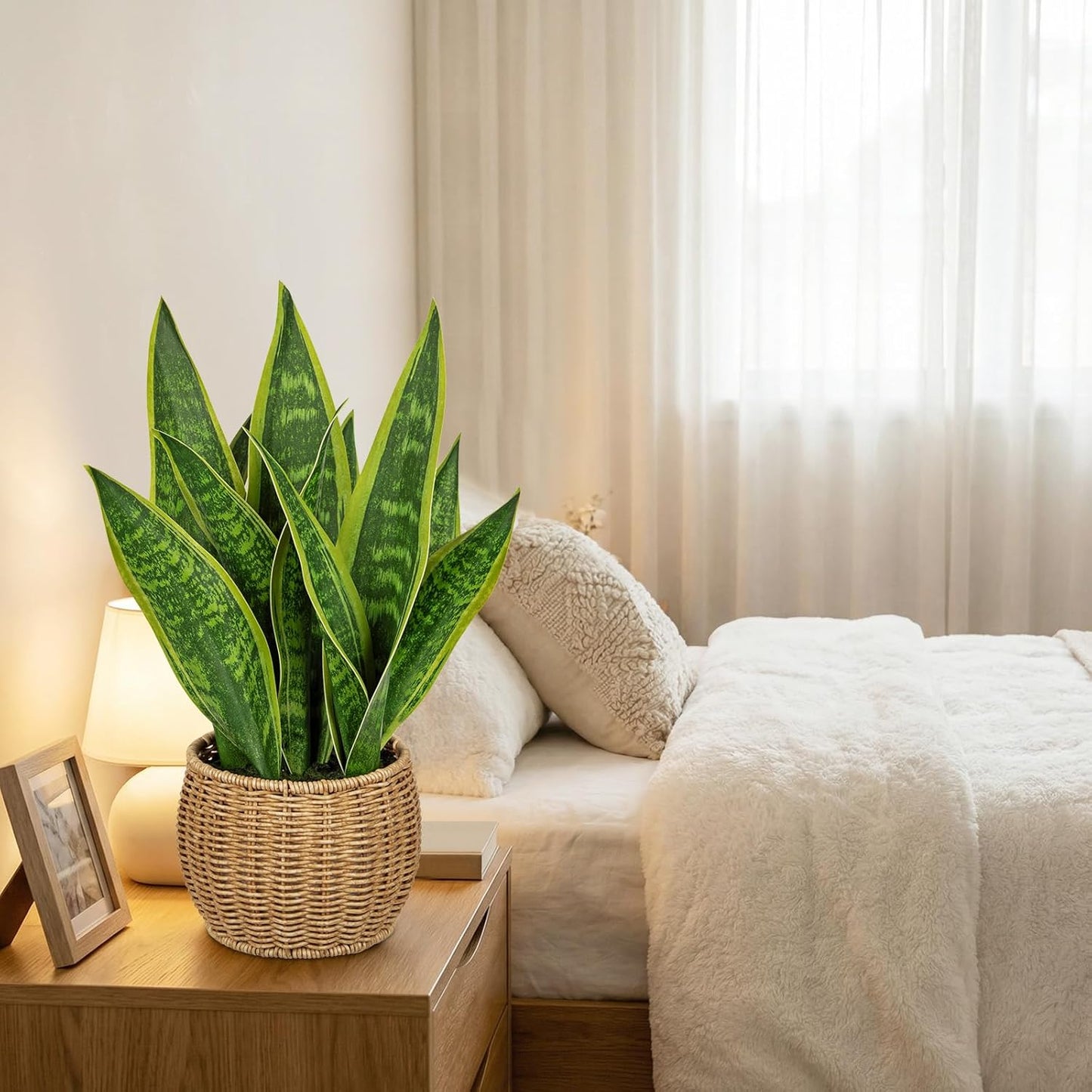 Artificial Snake Plant in Woven Basket 17" Faux Sansevieria Trifasciata Plants Large Fake Snake Plants Potted for Home Office Room Farmhouse Indoor Decor Housewarming Gifts