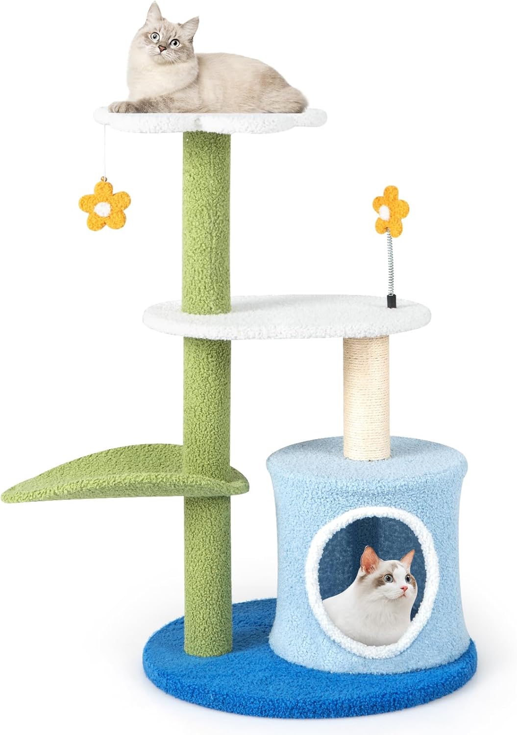 Cute Cat Tree, Flower Cat Tower with Sisal Scratching Post, Plush Leaf-Shaped Perch, Roomy Condo, Fluffy Spring Ball & Jingling Ball, Small Cat Tree for Indoor Cats 20 lbs Heavy Duty