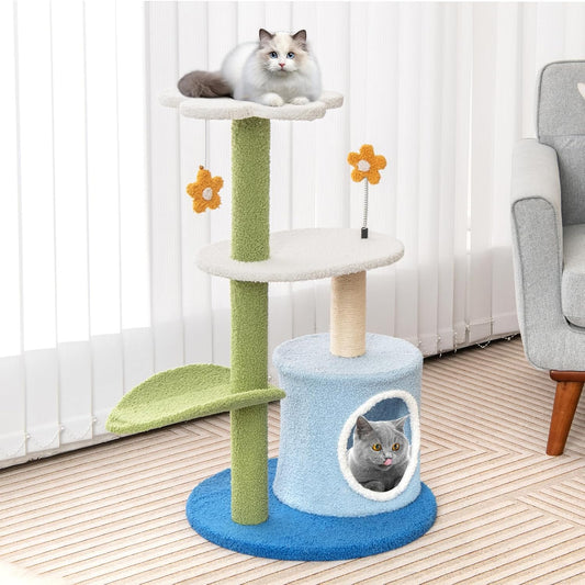 Cute Cat Tree, Flower Cat Tower with Sisal Scratching Post, Plush Leaf-Shaped Perch, Roomy Condo, Fluffy Spring Ball & Jingling Ball, Small Cat Tree for Indoor Cats 20 lbs Heavy Duty