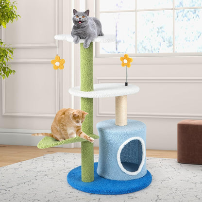 Cute Cat Tree, Flower Cat Tower with Sisal Scratching Post, Plush Leaf-Shaped Perch, Roomy Condo, Fluffy Spring Ball & Jingling Ball, Small Cat Tree for Indoor Cats 20 lbs Heavy Duty