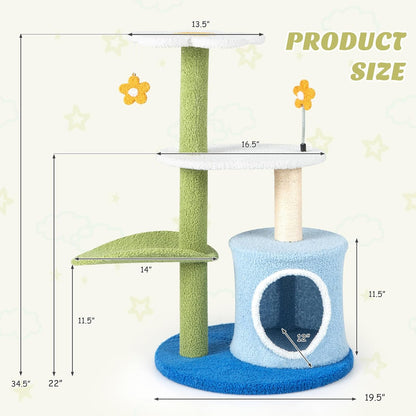 Cute Cat Tree, Flower Cat Tower with Sisal Scratching Post, Plush Leaf-Shaped Perch, Roomy Condo, Fluffy Spring Ball & Jingling Ball, Small Cat Tree for Indoor Cats 20 lbs Heavy Duty