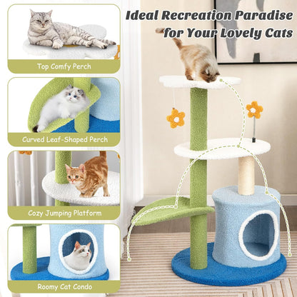 Cute Cat Tree, Flower Cat Tower with Sisal Scratching Post, Plush Leaf-Shaped Perch, Roomy Condo, Fluffy Spring Ball & Jingling Ball, Small Cat Tree for Indoor Cats 20 lbs Heavy Duty