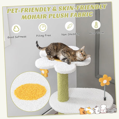 Cute Cat Tree, Flower Cat Tower with Sisal Scratching Post, Plush Leaf-Shaped Perch, Roomy Condo, Fluffy Spring Ball & Jingling Ball, Small Cat Tree for Indoor Cats 20 lbs Heavy Duty
