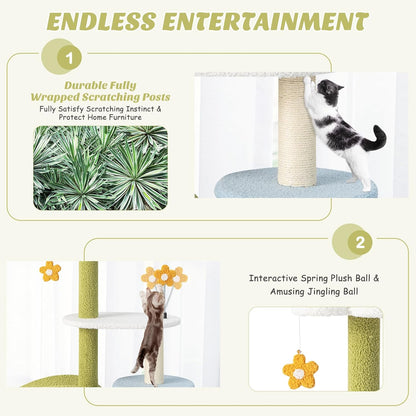 Cute Cat Tree, Flower Cat Tower with Sisal Scratching Post, Plush Leaf-Shaped Perch, Roomy Condo, Fluffy Spring Ball & Jingling Ball, Small Cat Tree for Indoor Cats 20 lbs Heavy Duty