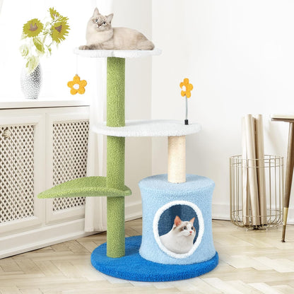 Cute Cat Tree, Flower Cat Tower with Sisal Scratching Post, Plush Leaf-Shaped Perch, Roomy Condo, Fluffy Spring Ball & Jingling Ball, Small Cat Tree for Indoor Cats 20 lbs Heavy Duty