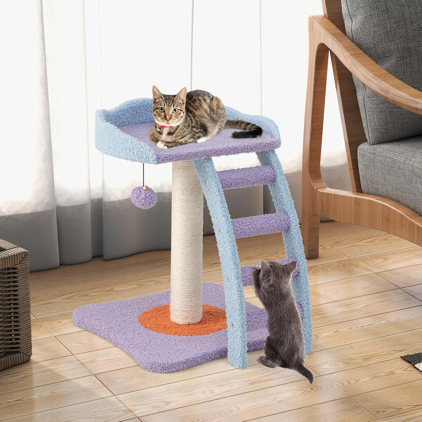 Cute Cat Tree, Flower Cat Tower with Sisal Scratching Post, Plush Leaf-Shaped Perch, Roomy Condo, Fluffy Spring Ball & Jingling Ball, Small Cat Tree for Indoor Cats 20 lbs Heavy Duty