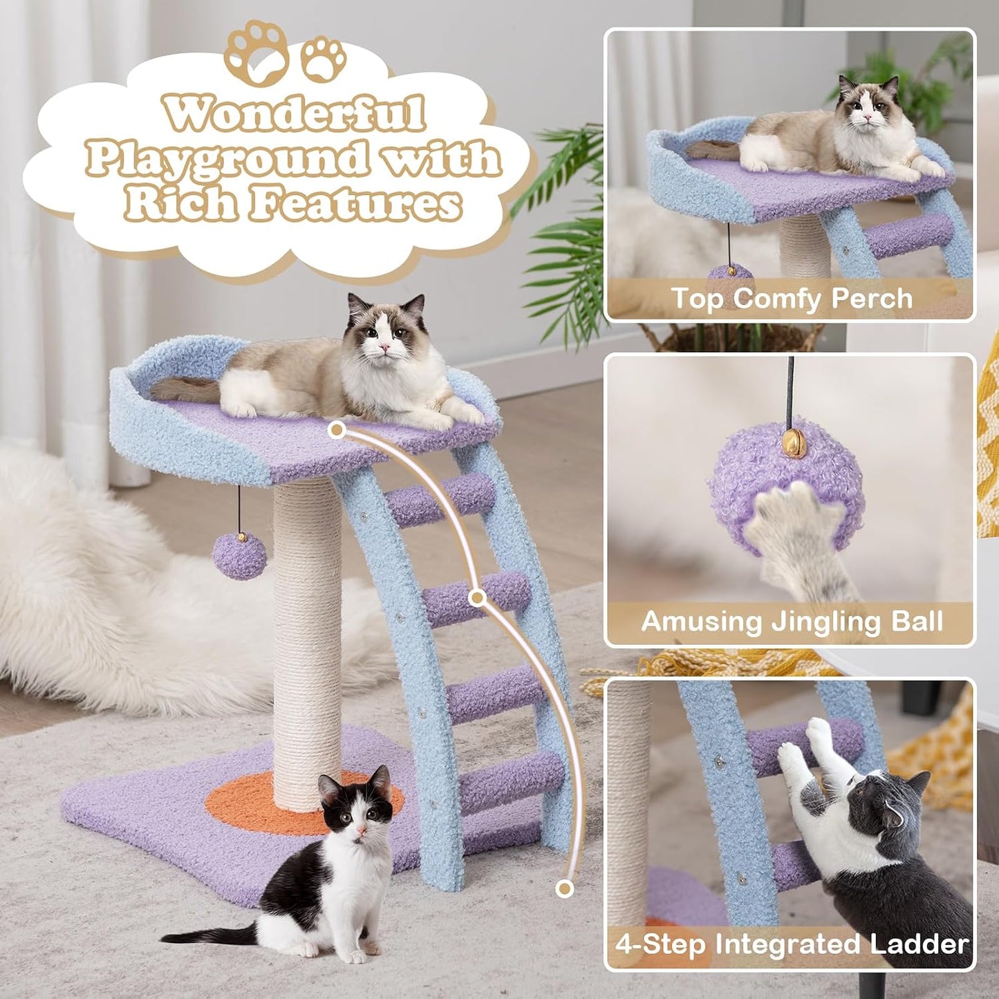 Cute Cat Tree, Flower Cat Tower with Sisal Scratching Post, Plush Leaf-Shaped Perch, Roomy Condo, Fluffy Spring Ball & Jingling Ball, Small Cat Tree for Indoor Cats 20 lbs Heavy Duty