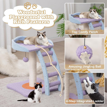 Cute Cat Tree, Flower Cat Tower with Sisal Scratching Post, Plush Leaf-Shaped Perch, Roomy Condo, Fluffy Spring Ball & Jingling Ball, Small Cat Tree for Indoor Cats 20 lbs Heavy Duty
