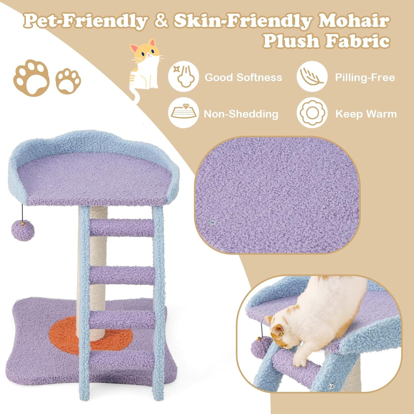 Cute Cat Tree, Flower Cat Tower with Sisal Scratching Post, Plush Leaf-Shaped Perch, Roomy Condo, Fluffy Spring Ball & Jingling Ball, Small Cat Tree for Indoor Cats 20 lbs Heavy Duty