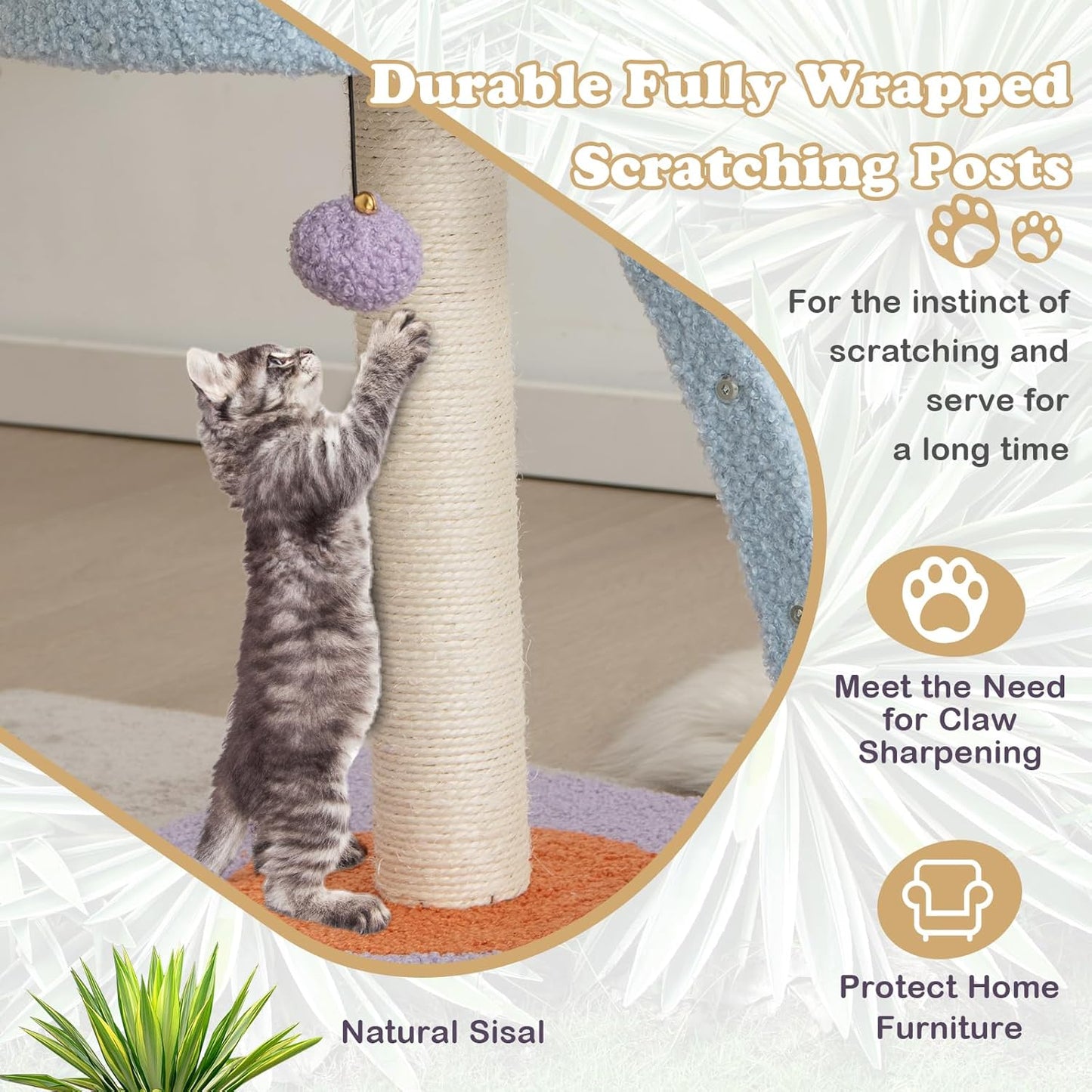 Cute Cat Tree, Flower Cat Tower with Sisal Scratching Post, Plush Leaf-Shaped Perch, Roomy Condo, Fluffy Spring Ball & Jingling Ball, Small Cat Tree for Indoor Cats 20 lbs Heavy Duty
