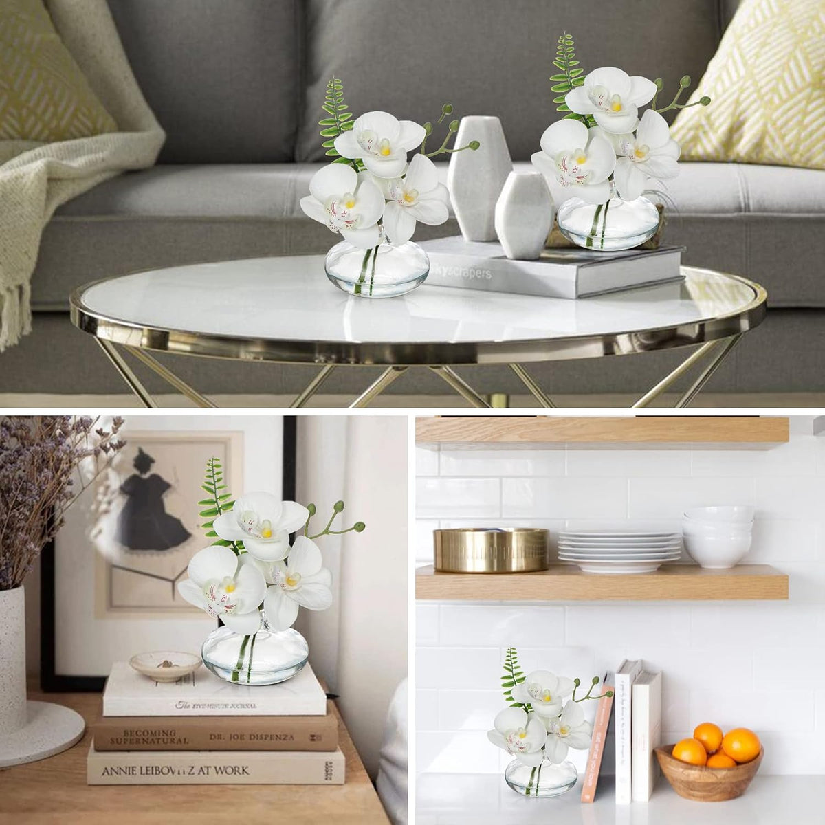 White Orchids Artificial Flowers Faux Orchids Arrangement in Clear Glass Vases Set of 3 Real Touch Phalaenopsis Orchid Flowers Small Fake Orchid Centerpiece for Dining Room Table