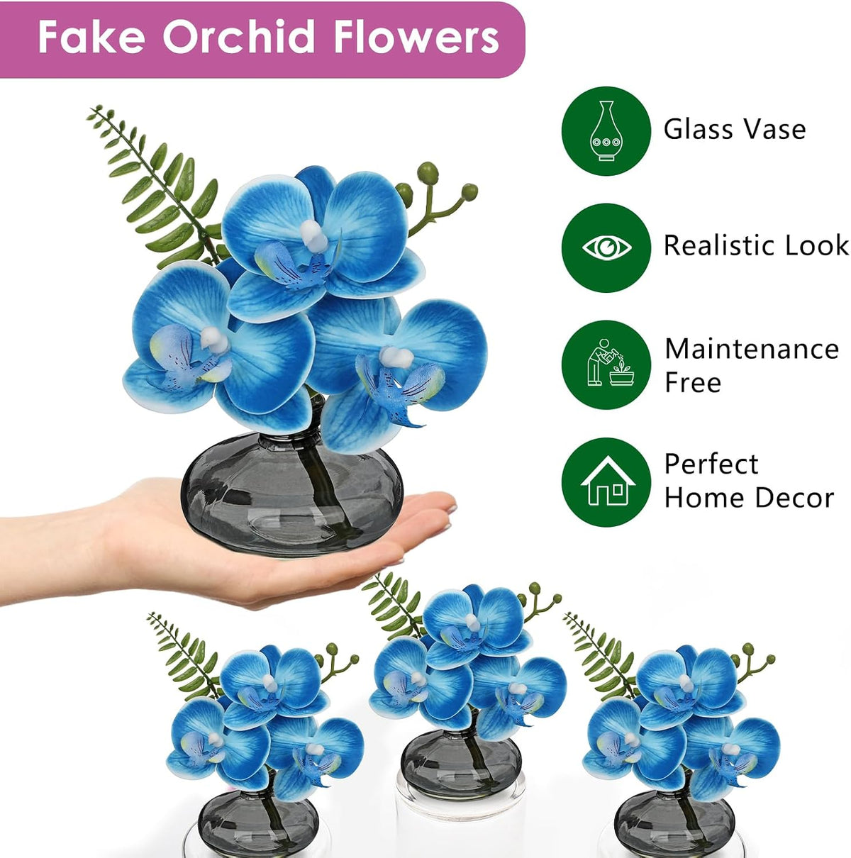 White Orchids Artificial Flowers Faux Orchids Arrangement in Clear Glass Vases Set of 3 Real Touch Phalaenopsis Orchid Flowers Small Fake Orchid Centerpiece for Dining Room Table
