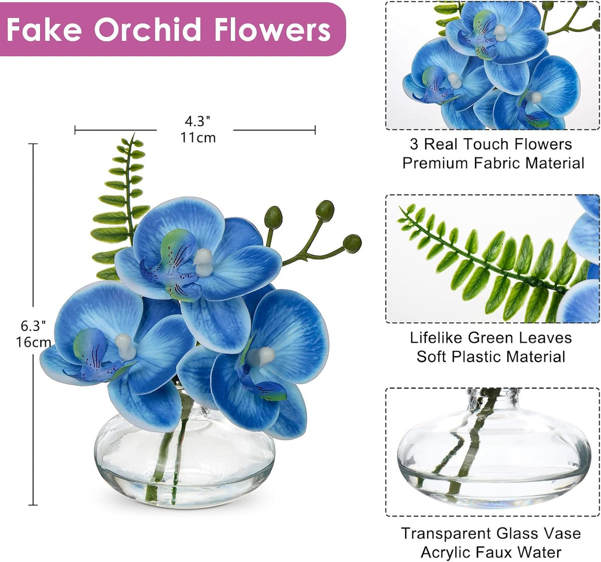 White Orchids Artificial Flowers Faux Orchids Arrangement in Clear Glass Vases Set of 3 Real Touch Phalaenopsis Orchid Flowers Small Fake Orchid Centerpiece for Dining Room Table