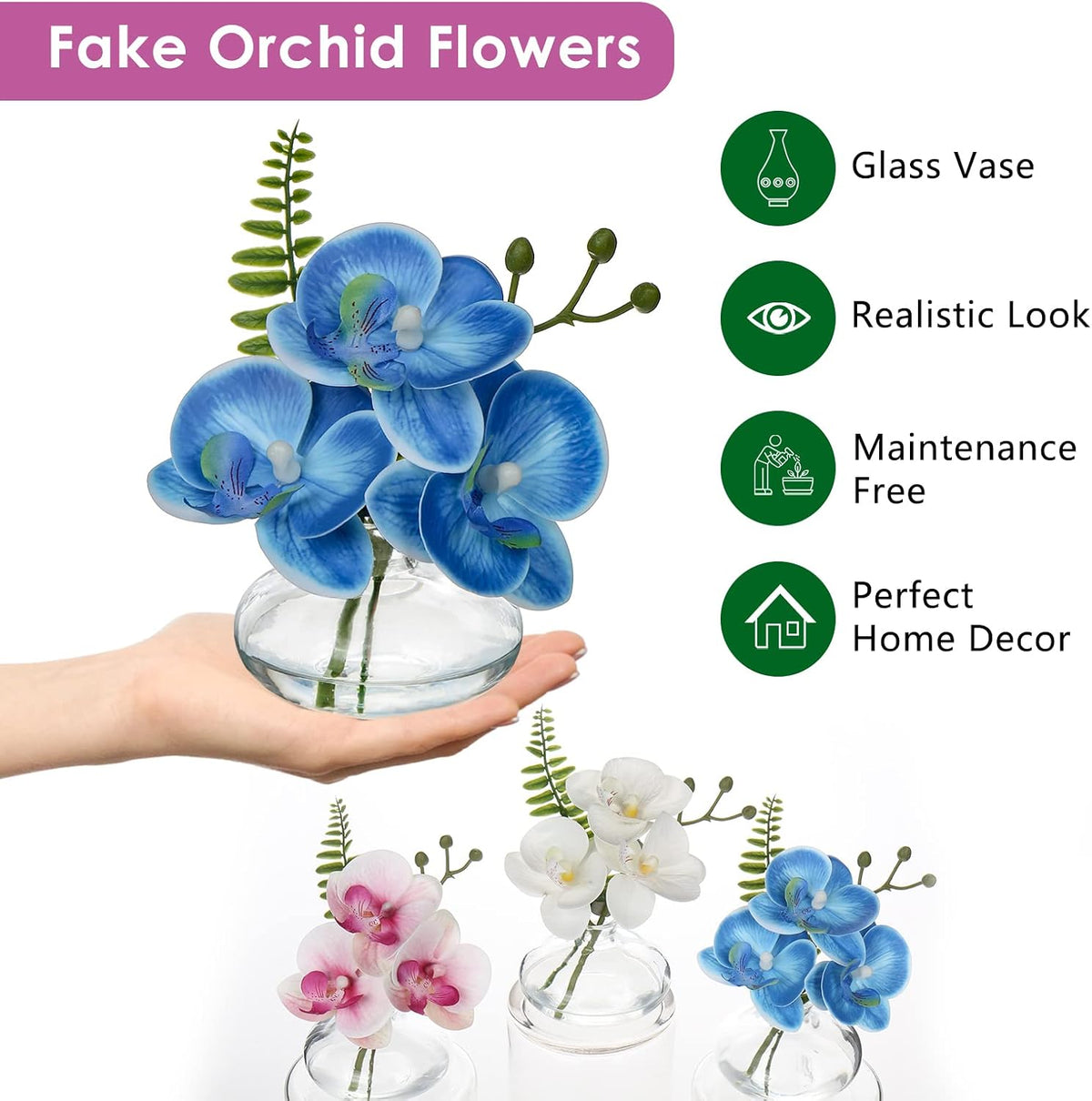 White Orchids Artificial Flowers Faux Orchids Arrangement in Clear Glass Vases Set of 3 Real Touch Phalaenopsis Orchid Flowers Small Fake Orchid Centerpiece for Dining Room Table