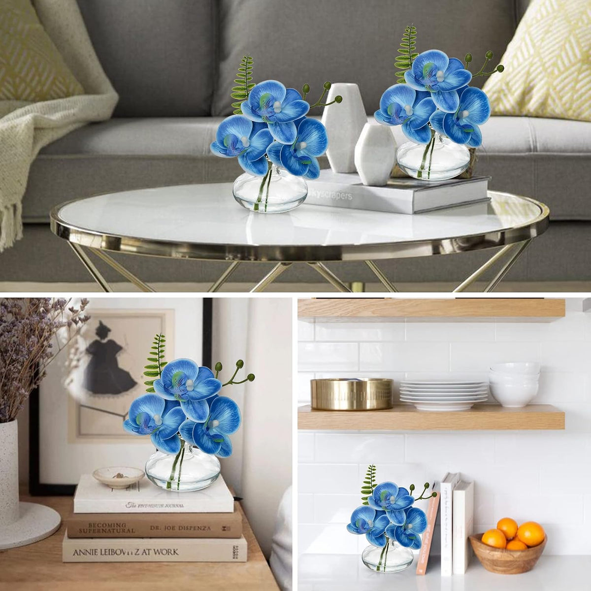 White Orchids Artificial Flowers Faux Orchids Arrangement in Clear Glass Vases Set of 3 Real Touch Phalaenopsis Orchid Flowers Small Fake Orchid Centerpiece for Dining Room Table