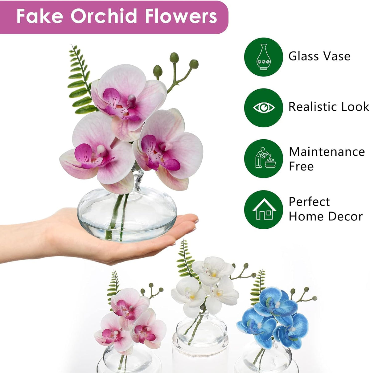 White Orchids Artificial Flowers Faux Orchids Arrangement in Clear Glass Vases Set of 3 Real Touch Phalaenopsis Orchid Flowers Small Fake Orchid Centerpiece for Dining Room Table