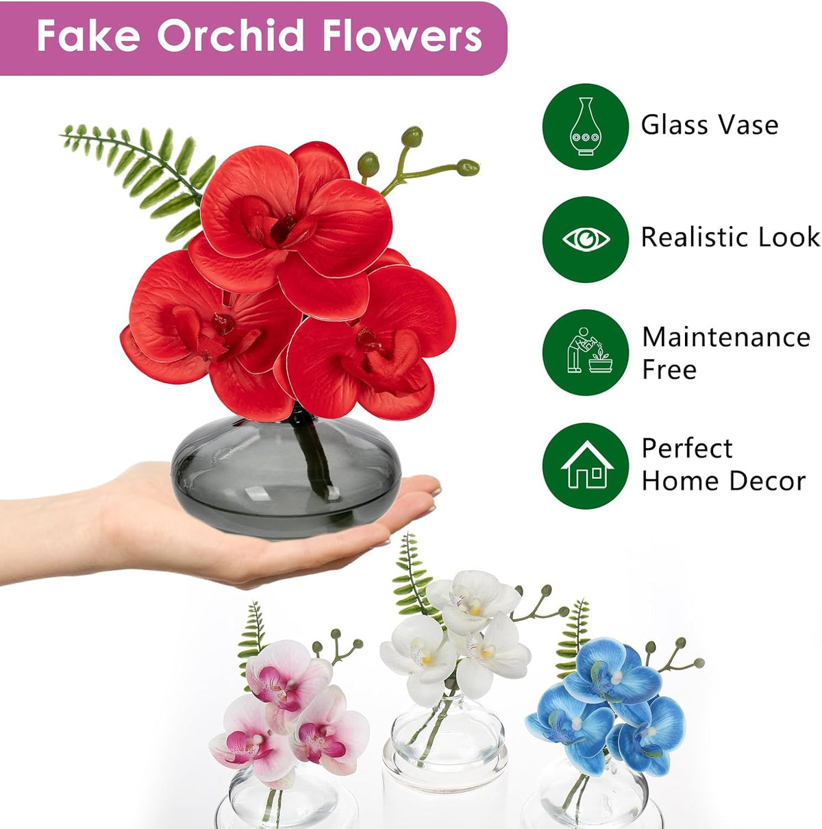 White Orchids Artificial Flowers Faux Orchids Arrangement in Clear Glass Vases Set of 3 Real Touch Phalaenopsis Orchid Flowers Small Fake Orchid Centerpiece for Dining Room Table
