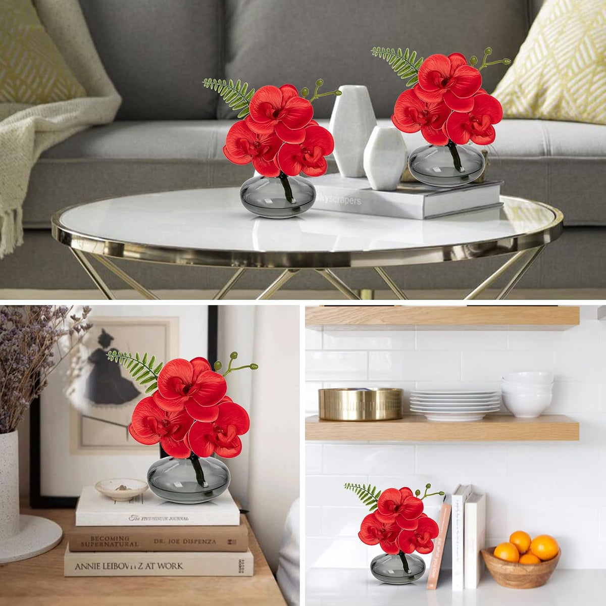 White Orchids Artificial Flowers Faux Orchids Arrangement in Clear Glass Vases Set of 3 Real Touch Phalaenopsis Orchid Flowers Small Fake Orchid Centerpiece for Dining Room Table