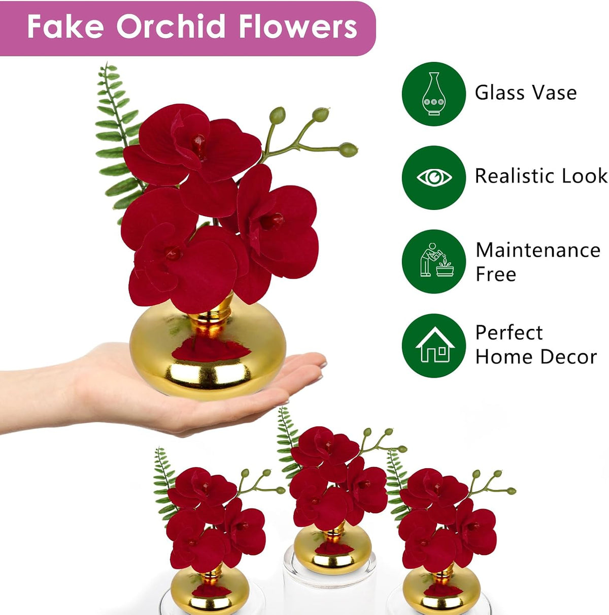 White Orchids Artificial Flowers Faux Orchids Arrangement in Clear Glass Vases Set of 3 Real Touch Phalaenopsis Orchid Flowers Small Fake Orchid Centerpiece for Dining Room Table