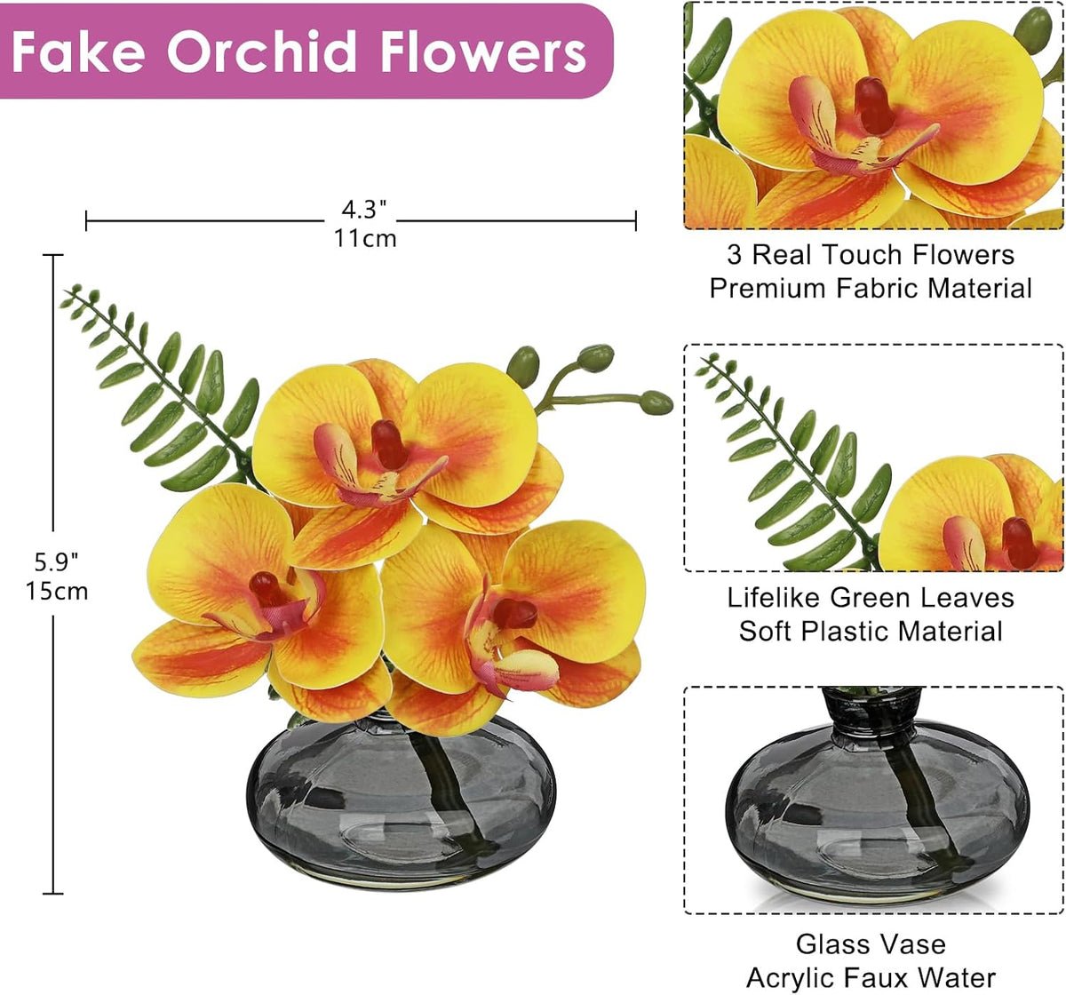 White Orchids Artificial Flowers Faux Orchids Arrangement in Clear Glass Vases Set of 3 Real Touch Phalaenopsis Orchid Flowers Small Fake Orchid Centerpiece for Dining Room Table