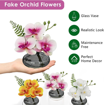White Orchids Artificial Flowers Faux Orchids Arrangement in Clear Glass Vases Set of 3 Real Touch Phalaenopsis Orchid Flowers Small Fake Orchid Centerpiece for Dining Room Table