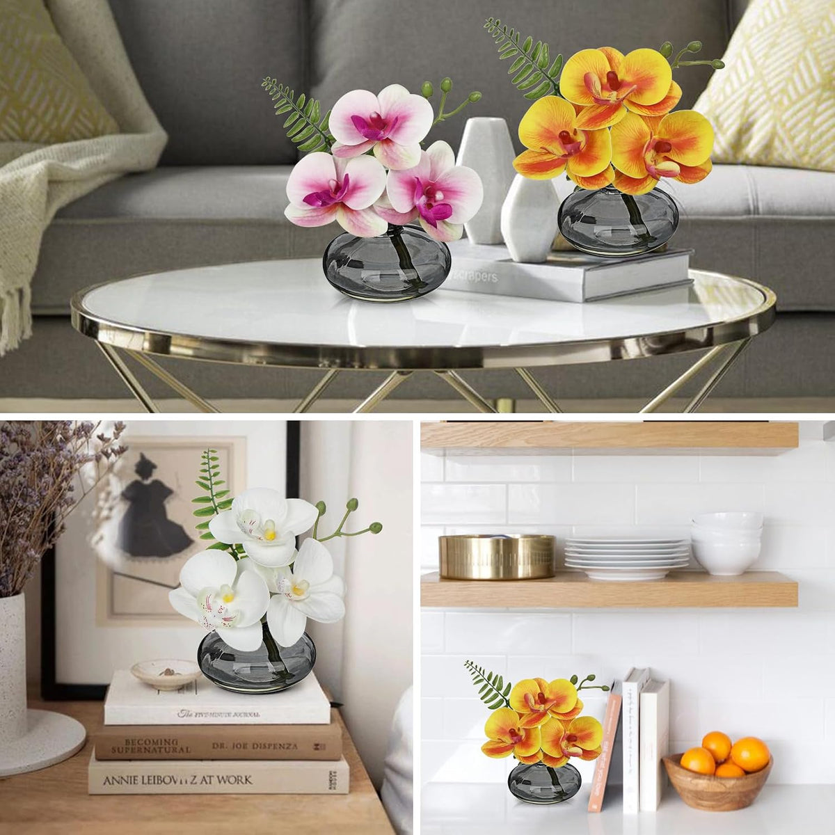 White Orchids Artificial Flowers Faux Orchids Arrangement in Clear Glass Vases Set of 3 Real Touch Phalaenopsis Orchid Flowers Small Fake Orchid Centerpiece for Dining Room Table