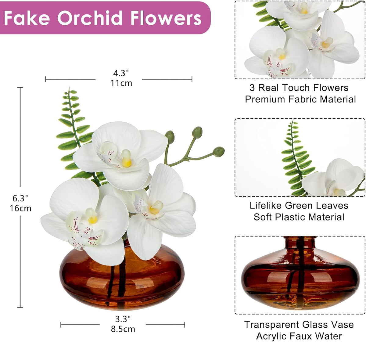 White Orchids Artificial Flowers Faux Orchids Arrangement in Clear Glass Vases Set of 3 Real Touch Phalaenopsis Orchid Flowers Small Fake Orchid Centerpiece for Dining Room Table