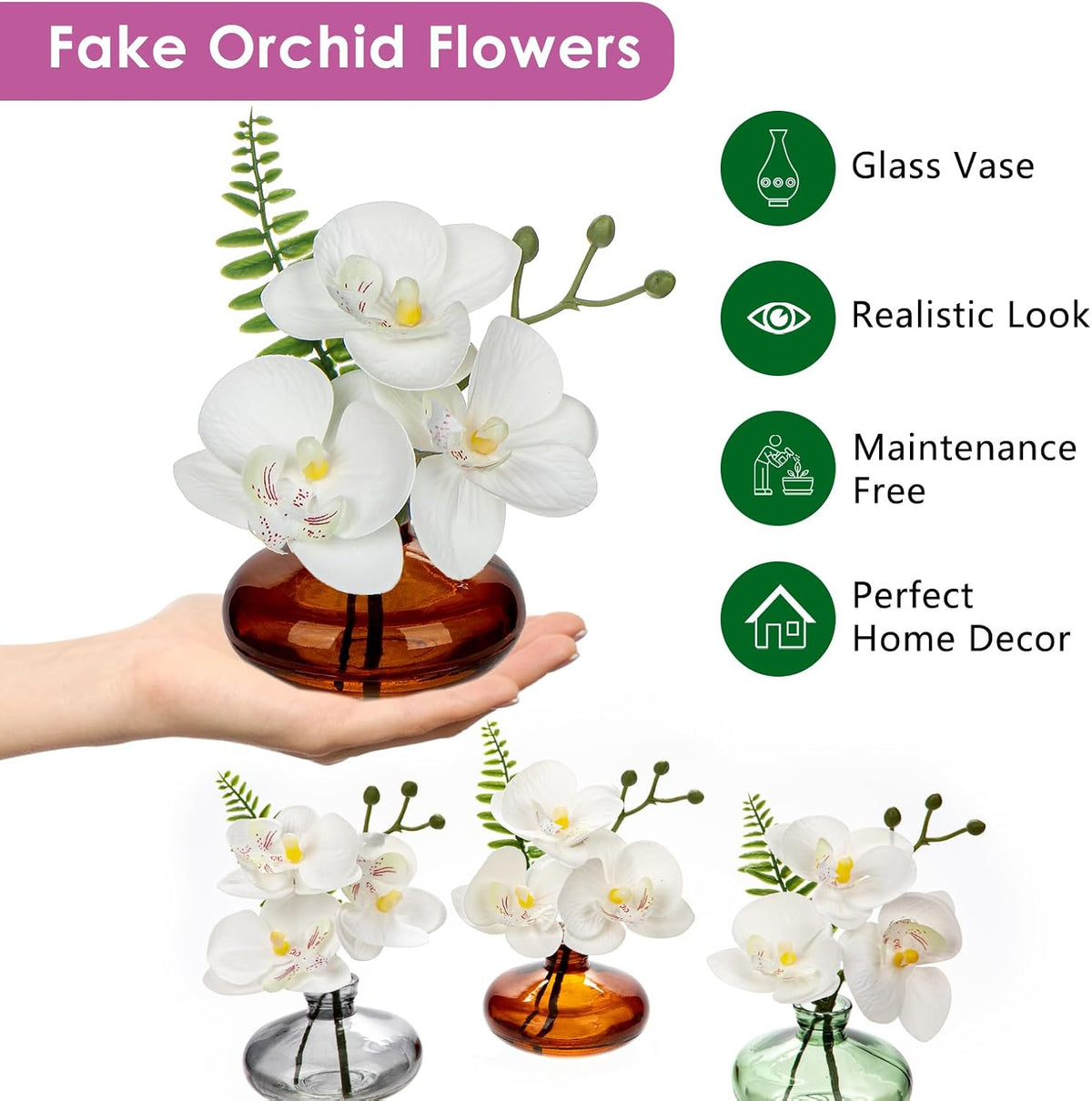 White Orchids Artificial Flowers Faux Orchids Arrangement in Clear Glass Vases Set of 3 Real Touch Phalaenopsis Orchid Flowers Small Fake Orchid Centerpiece for Dining Room Table