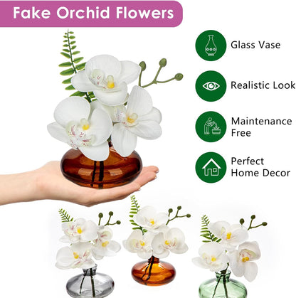 White Orchids Artificial Flowers Faux Orchids Arrangement in Clear Glass Vases Set of 3 Real Touch Phalaenopsis Orchid Flowers Small Fake Orchid Centerpiece for Dining Room Table