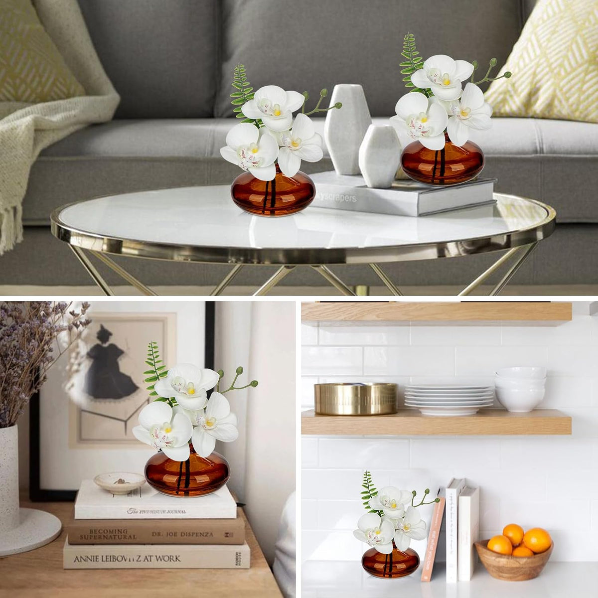 White Orchids Artificial Flowers Faux Orchids Arrangement in Clear Glass Vases Set of 3 Real Touch Phalaenopsis Orchid Flowers Small Fake Orchid Centerpiece for Dining Room Table