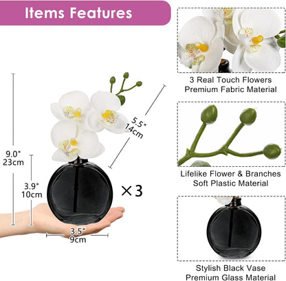 White Orchids Artificial Flowers Faux Orchids Arrangement in Clear Glass Vases Set of 3 Real Touch Phalaenopsis Orchid Flowers Small Fake Orchid Centerpiece for Dining Room Table