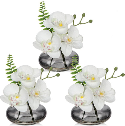 White Orchids Artificial Flowers Faux Orchids Arrangement in Clear Glass Vases Set of 3 Real Touch Phalaenopsis Orchid Flowers Small Fake Orchid Centerpiece for Dining Room Table