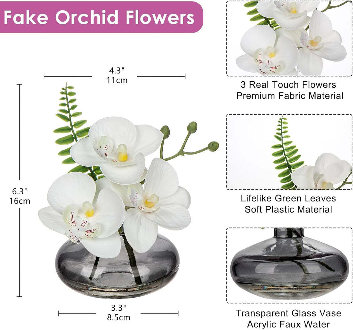 White Orchids Artificial Flowers Faux Orchids Arrangement in Clear Glass Vases Set of 3 Real Touch Phalaenopsis Orchid Flowers Small Fake Orchid Centerpiece for Dining Room Table